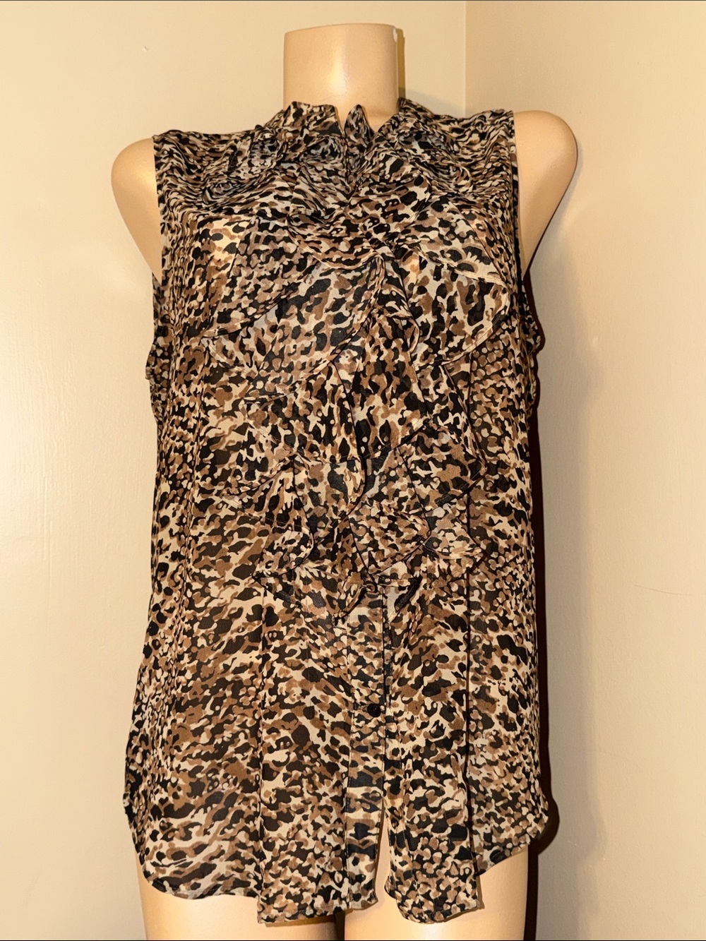 Ralph Lauren women XL 16 18 blouse Leopard Sleeveless black brown tan ruffle